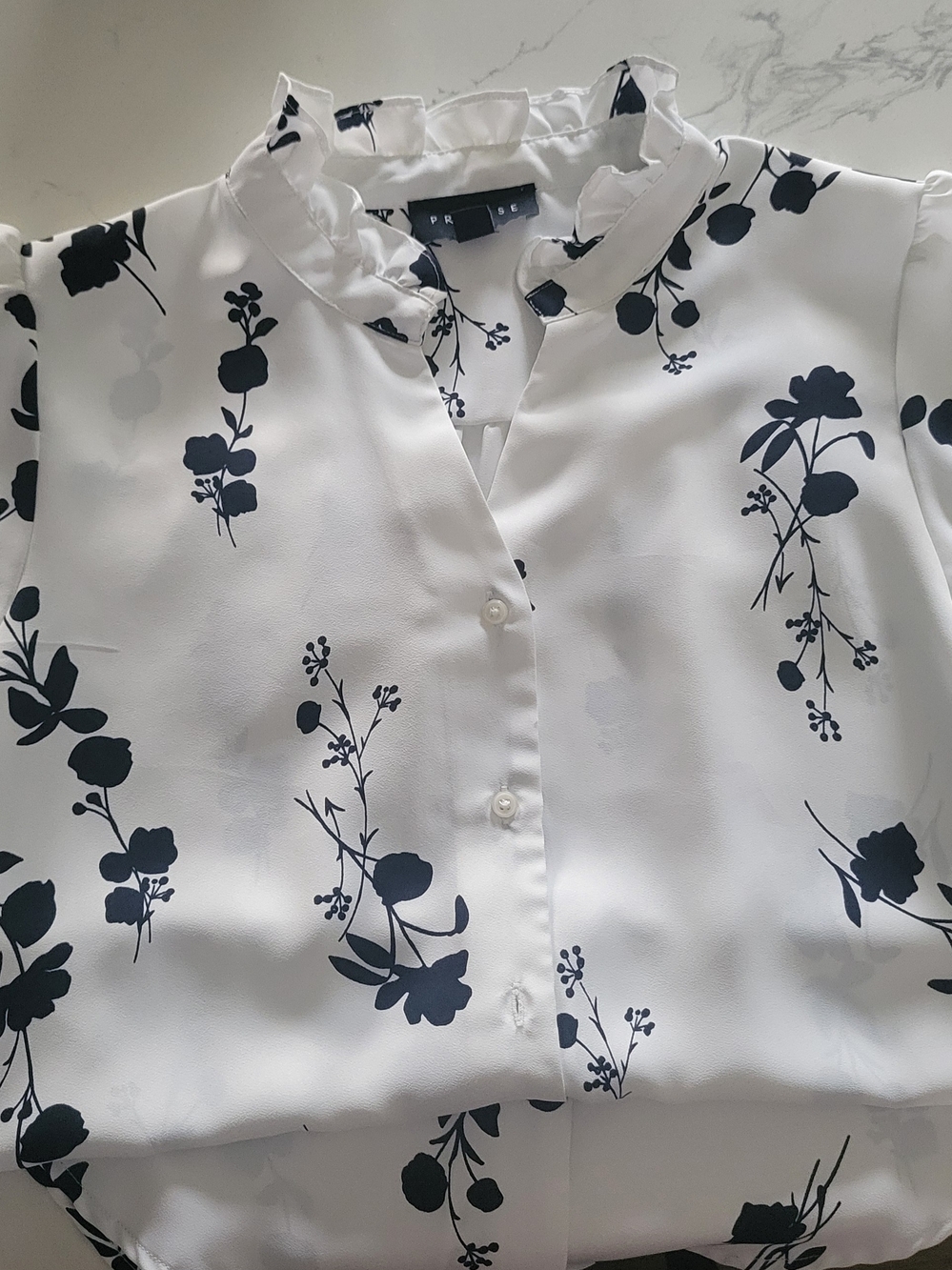 White Floral Puff Sleeves Button-Up Blouse